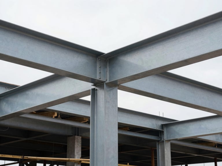 Close-up detail of structural steel beams being installed in an existing building, organized construction site, crisp overcast daylight, high-contrast cool tones, sharp focus, 35mm