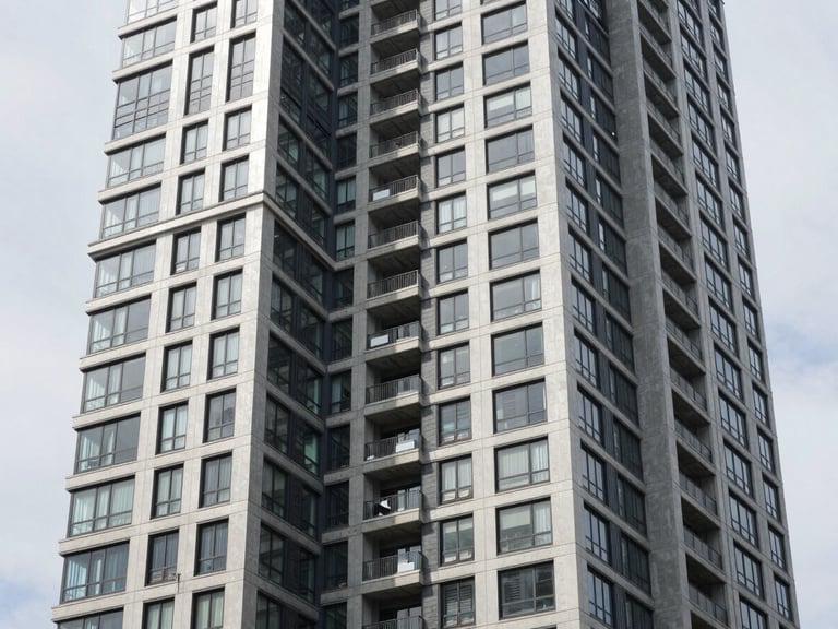 Exterior view of a newly completed high-rise multi-family residential building in Jersey City, modern architecture, hard daylight, high-contrast cool tones, sharp focus, 35mm