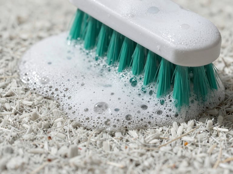 Macro shot of high-end carpet fibers being gently brushed with clean water and teal-tinted eco-friendly soap bubbles, bright natural daylight, crisp details.