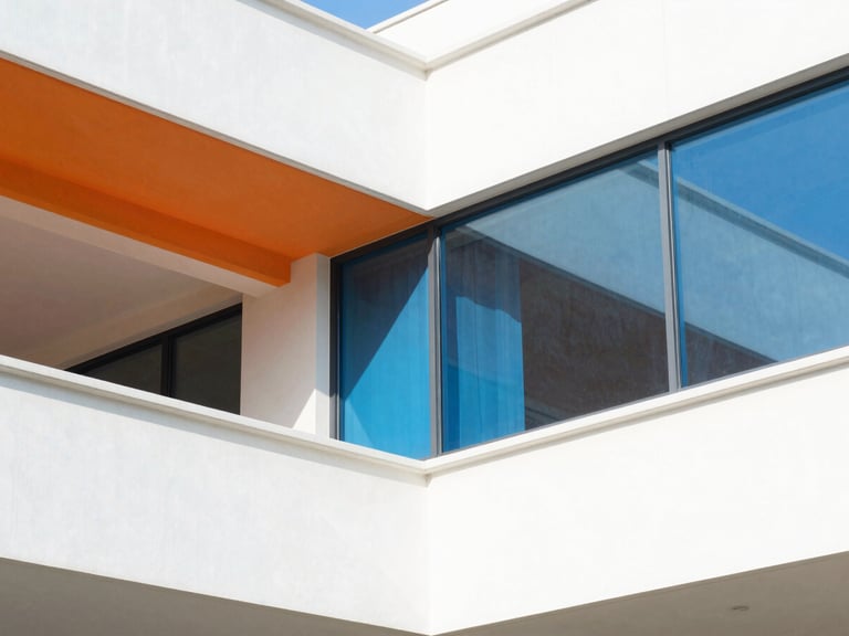 Bright high-key daylight shot of modern clean architectural lines and abstract geometric glass shadows, vivid orange and electric blue light reflections, 35mm