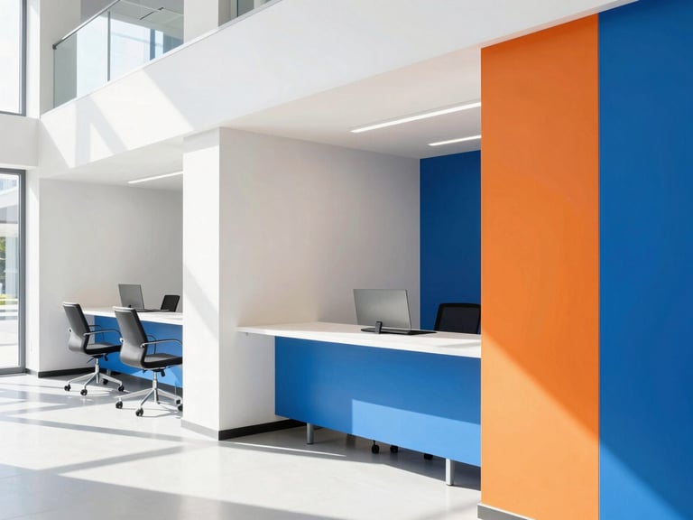 Bright sunlit modern workspace with clean architectural lines, sharp shadows, high-contrast daylight, electric blue accents, 35mm