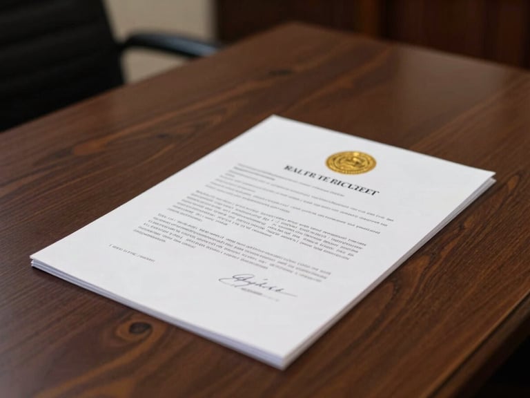 Close-up of a signed official municipal budget document with a gold seal, resting on a dark wooden table in a formal office setting, soft natural light