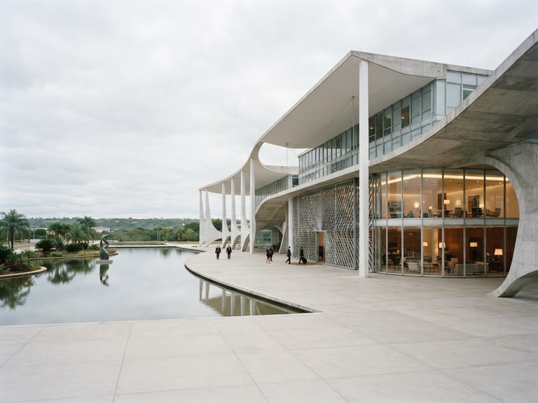 Wide cinematic architectural shot of a modern Brazilian civic palace, concrete and glass curves, soft overcast daylight, clean lines, negative space on the left