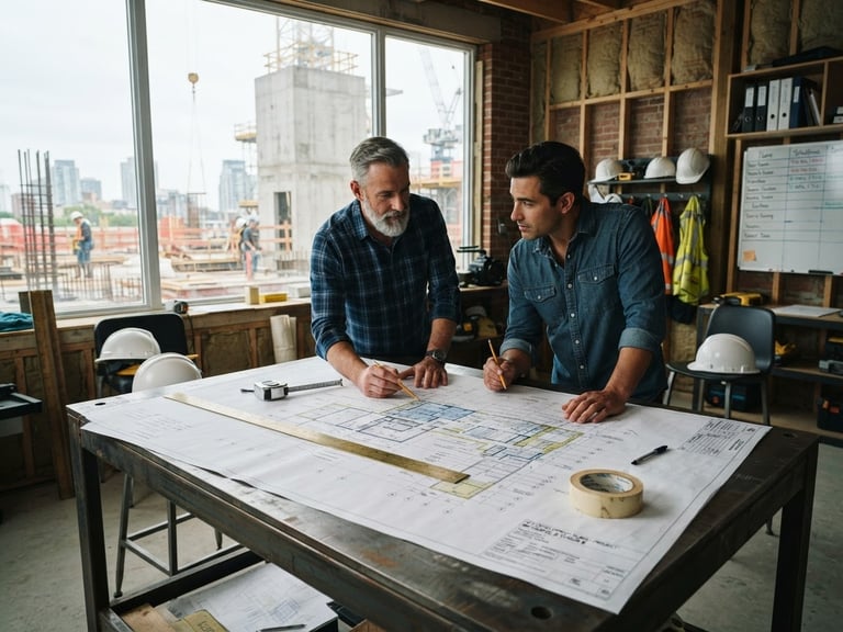 Wide environmental shot of a modern construction office, large scale architectural blueprints laid out on a steel table, natural daylight casting soft shadows, professional and precise.