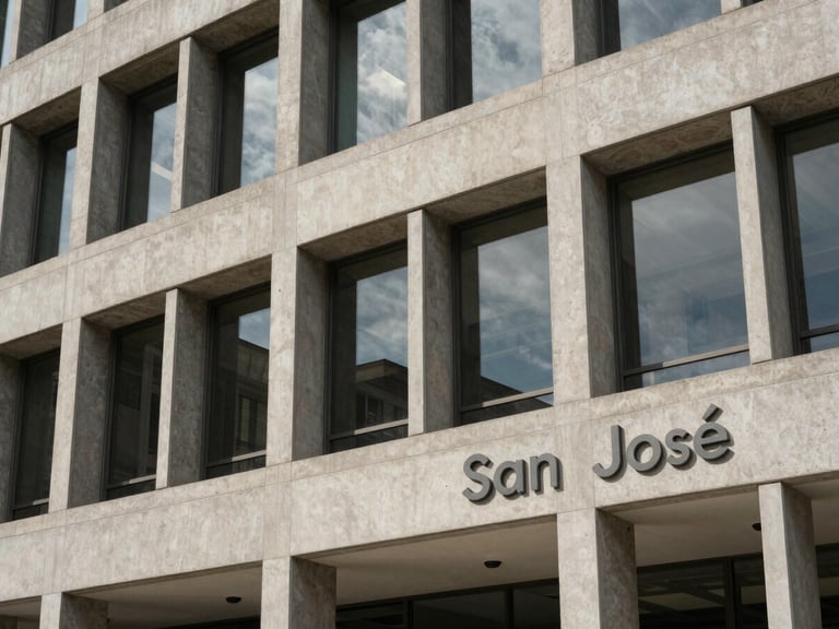 Clean architectural detail of a modern institutional office building in San José, soft natural daylight reflecting off concrete and glass, structured and prestigious atmosphere.
