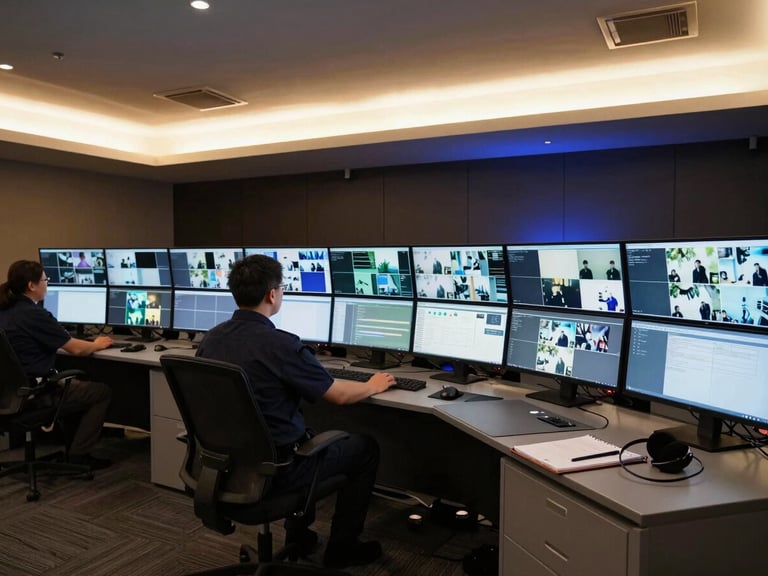 Panoramic interior of a professional security operations center, wide shot from the left showing two operators seated at a bank of monitors displaying property feeds, warm architectural lighting overhead, dark walls with muted blue ambient glow from screens, dispatch station in the right foreground with a notepad and headset, no faces visible