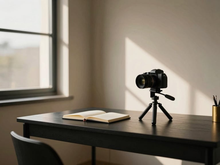 Minimalist home office setup with window light casting soft shadows, camera on a tripod pointing at a desk with a notebook, warm editorial style