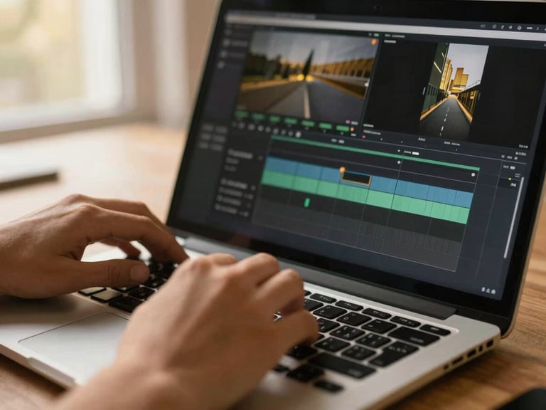 Hands editing video timeline on a laptop, close-up, shallow depth of field, natural light, warm golden highlights, professional workspace