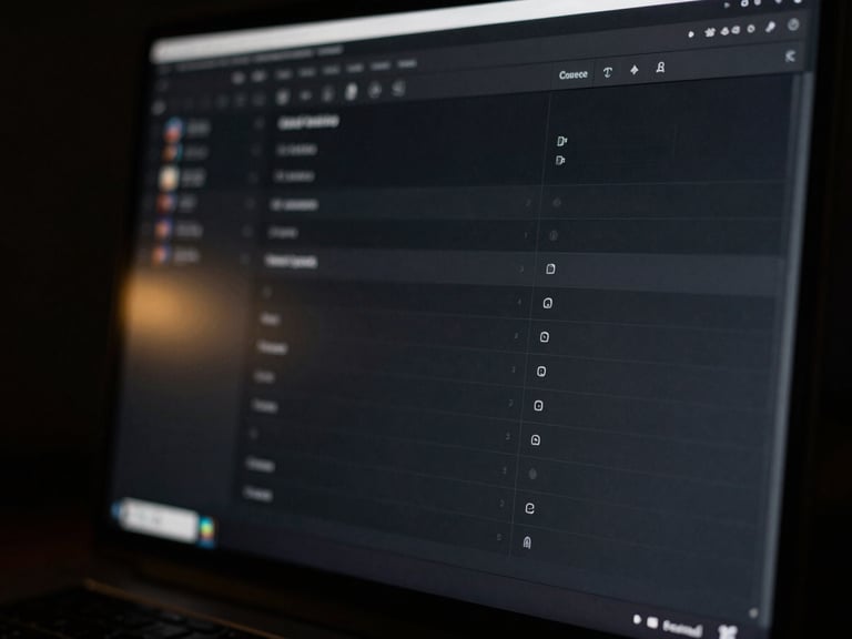 A close-up of a high-end dark-mode software interface glowing on a premium display, subtle gold light leaks, low-key chiaroscuro lighting