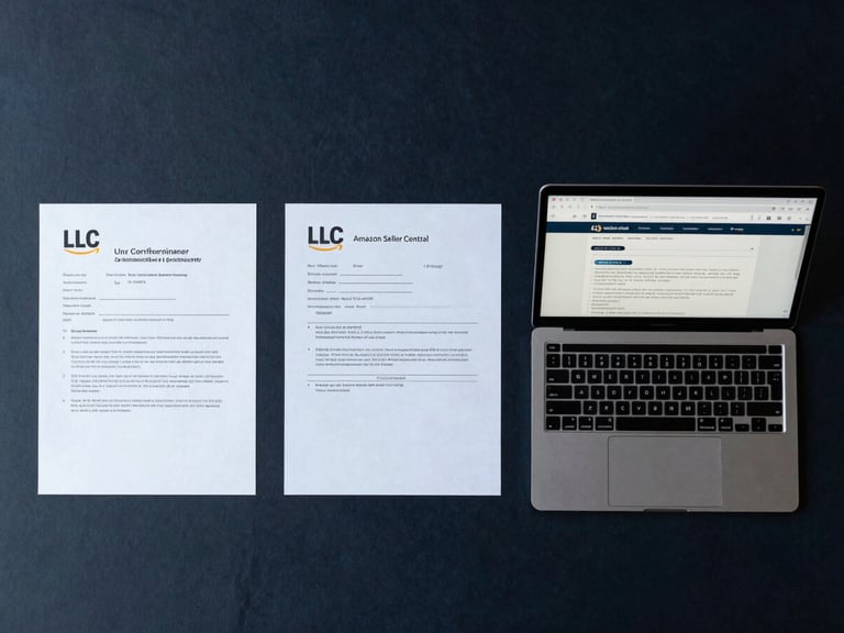 Overhead flat-lay on a clean dark navy surface: LLC formation papers, an EIN confirmation letter, and a laptop showing Amazon Seller Central account status — all arranged in sequence left to right, cool north-facing studio light, no people visible, minimal and precise composition