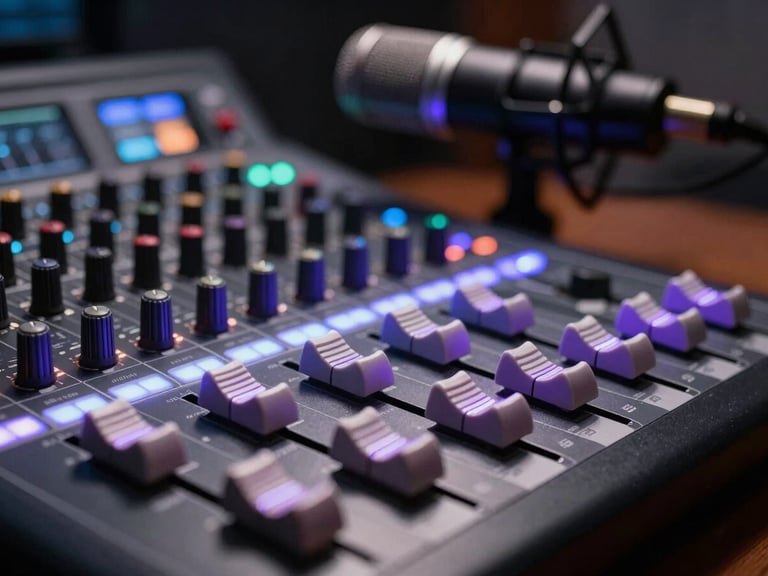 Close-up of a professional audio mixing console in a dark podcast studio. Faders are illuminated by neon purple and blue status lights, with a high-end studio microphone softly blurred in the background.