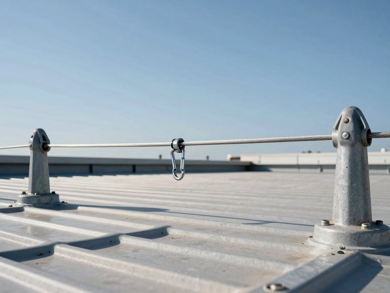 Close-up ground-to-sky perspective of a stainless steel horizontal lifeline cable stretched between two engineered anchor posts on an industrial roof, harsh midday sun casting sharp shadows on the corrugated metal surface below, safety karabiner clips visible mid-frame
