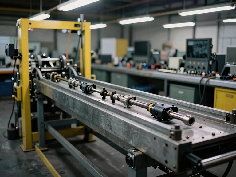 Visão ampla de um arquivo deslizante comercial sendo desmontado em um galpão, com foco nas ferramentas e na estrutura metálica, iluminação industrial.
