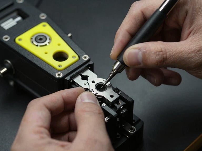 Close-up de mãos usando ferramentas de precisão em uma junção complexa de móvel planejado, iluminação industrial de alto contraste, tons dessaturados com detalhes em amarelo.