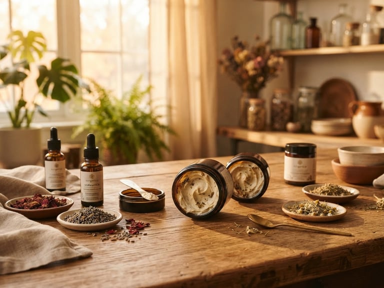 Warm, golden-hour window light illuminating a cozy studio space with botanical ingredients and open jars of Aurganica skincare products on a wooden table, soft focus background.