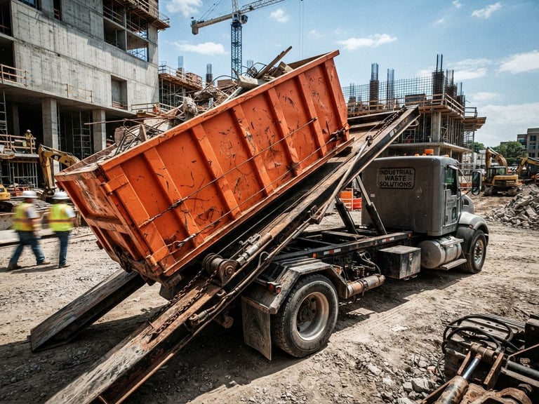 Dynamic low-angle wide-angle shot of a massive safety-orange roll-off dumpster being loaded onto a heavy flatbed truck, active construction site background under harsh midday sun, gritty industrial textures