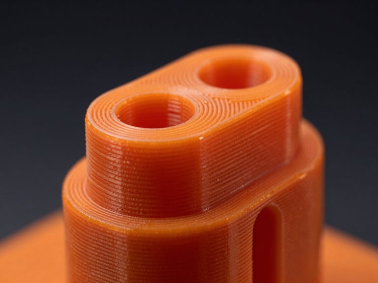 Detailed macro shot of a 3D printed part in a vibrant orange high-performance PLA, showcasing fine layer lines and a glossy finish, against a dark background with a soft gradient.