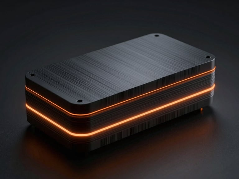 Sleek dark UI mockup of a 3D model viewer with a complex polymer part, showing layer lines and material texture, glowing orange accents, low-key dramatic lighting, cinematic industrial photography.