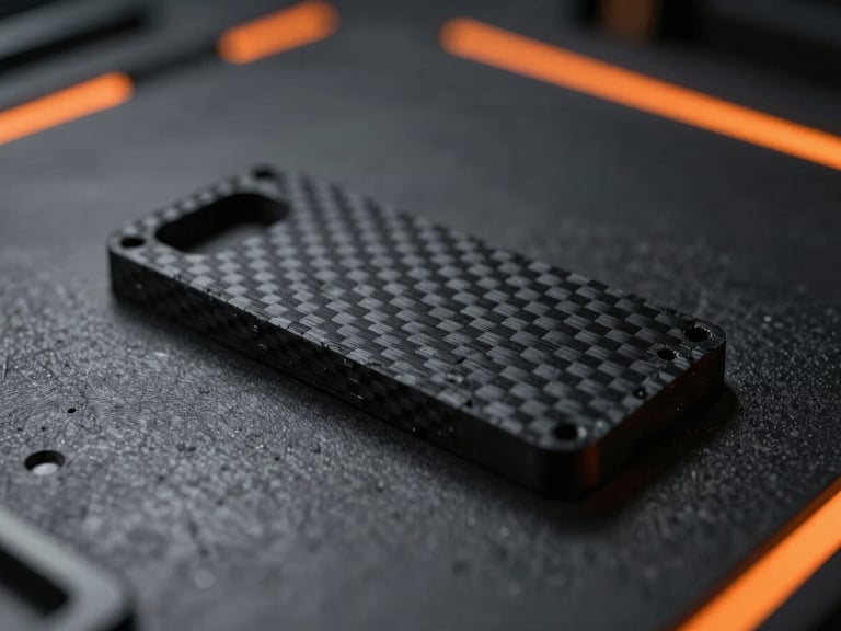 Macro shot of a 3D printed part made from black carbon-fiber reinforced PETG, showing the matte texture and subtle fiber pattern, on a dark industrial surface with orange glow accents.