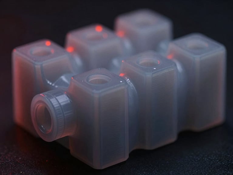 Close-up of a 3D printed part made from translucent gray engineering Nylon, highlighting its smooth finish and slight elasticity, under low-key studio lighting with red highlights.