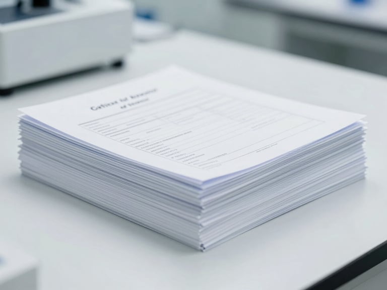 Stack of neatly organized, official-looking Certificates of Analysis documents on a clean white laboratory bench, cool tones.
