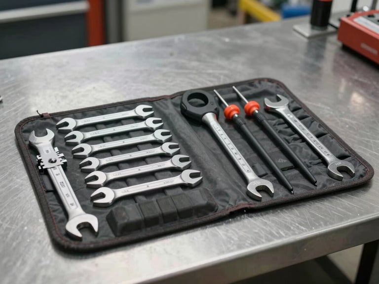 Straight-on medium shot of a clean, organized tool roll with calibrated wrenches and diagnostic probes on a stainless steel workbench, neutral daylight