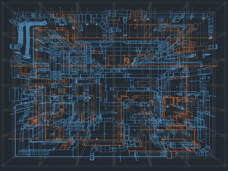 Orthographic wireframe view of a complex commercial HVAC ductwork system in a BIM model, cool blue and orange vector lines, high-contrast engineering blueprint aesthetic