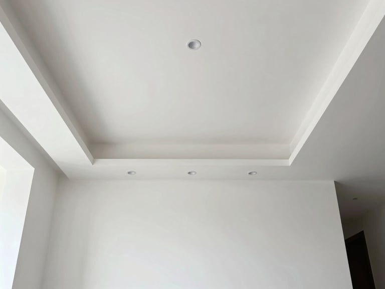 Straight-on architectural shot of a minimalist room with dynamic geometric recessed ceiling lighting, sharp drywall edges, bright daylight, 35mm lens