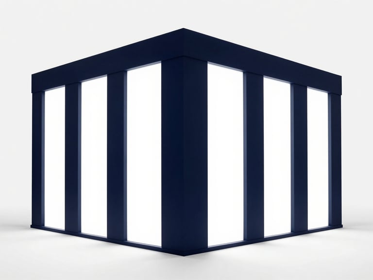 Sleek exhibition stand with high-contrast visual communication panels and dynamic lighting, modern design