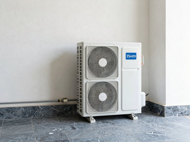 A spotless residential utility room showing a meticulously installed heat pump system, swept floor, organized conduits.