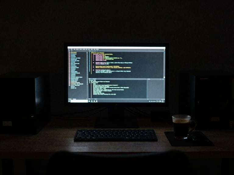 A solitary developer workspace at 3 AM, illuminated only by a glowing monitor showing dense terminal lines, a single cup of black coffee, high-contrast chiaroscuro, 35mm film grain