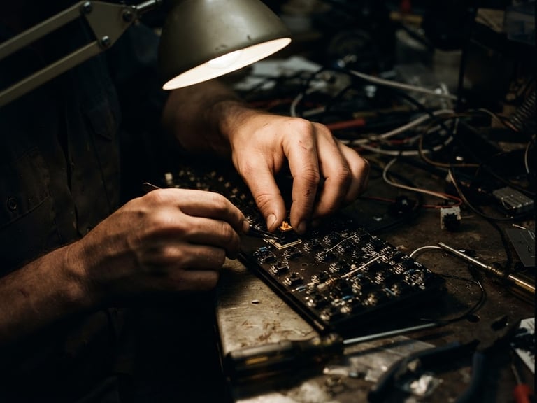 Extreme close-up of hands assembling a mechanical keyboard prototype under a single harsh desk lamp, deep shadows, desaturated industrial tones, 35mm film grain