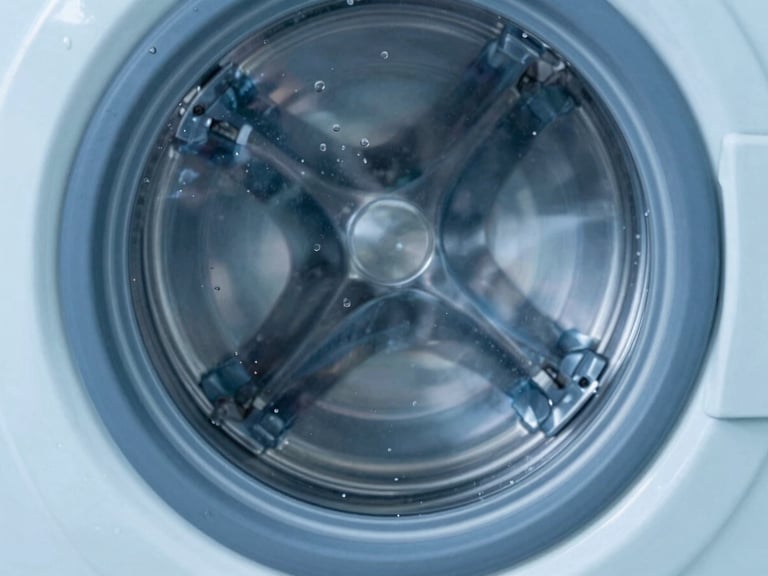 Close-up of a modern stainless steel washing machine drum reflecting clean clinical blue light, water droplets on the metallic surface, sharp focus, industrial laboratory style.