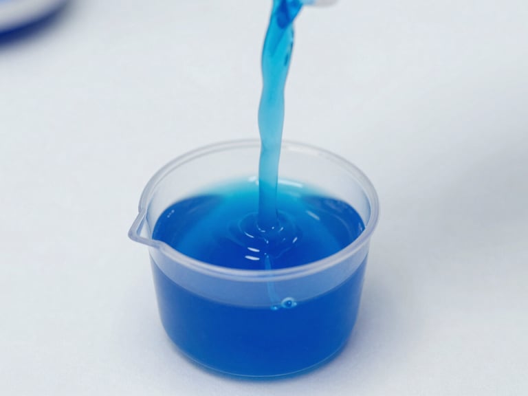 Macro shot of a viscous, vibrant blue detergent liquid pouring smoothly into a measuring cap, clean white laboratory background, bright clinical lighting, sharp focus, 35mm.