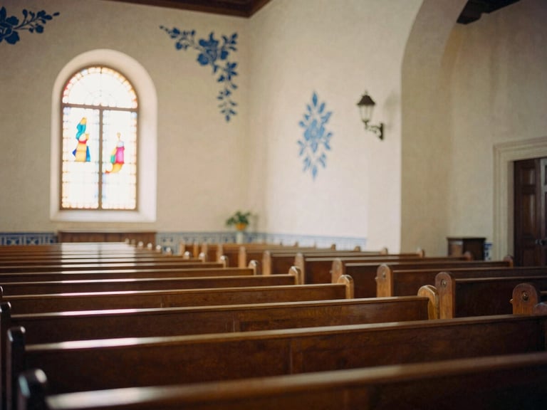 Grand interior of Mission Dolores Basilica, elegant architecture, empty pews, soft light from stained glass, delicate hand-painted blue watercolor floral accents.