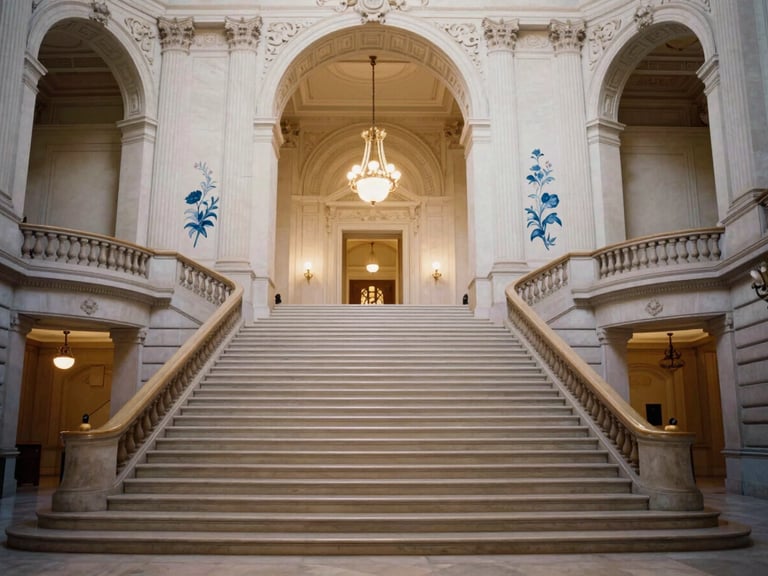 Interior of San Francisco City Hall, grand staircase, elegant lighting, no people, wide architectural shot, delicate hand-painted blue watercolor floral accents.