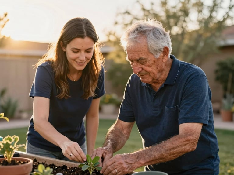 Medium shot of a senior man and a warm caregiver gardening together in a sunlit Arizona backyard, soft golden-hour light, shallow depth of field