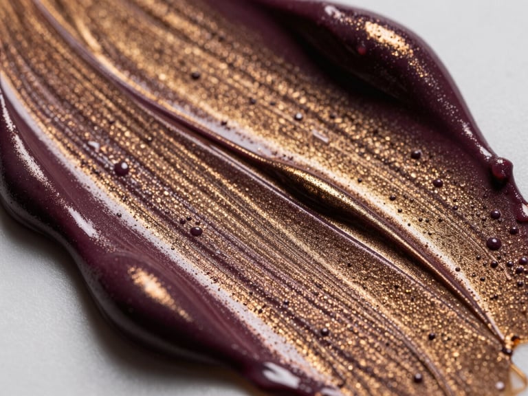 Extreme macro close-up of thick, wet, swirled deep plum and metallic gold makeup textures blending together, dramatic chiaroscuro lighting highlighting the rich ridges