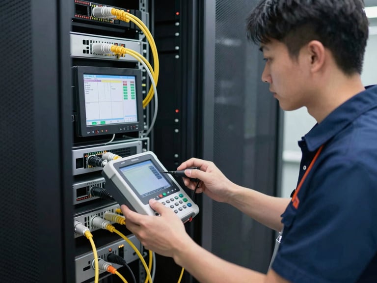 Technician in branded uniform using OTDR testing equipment on fiber optic cables, focus on the screen displaying test results, clean data center environment.