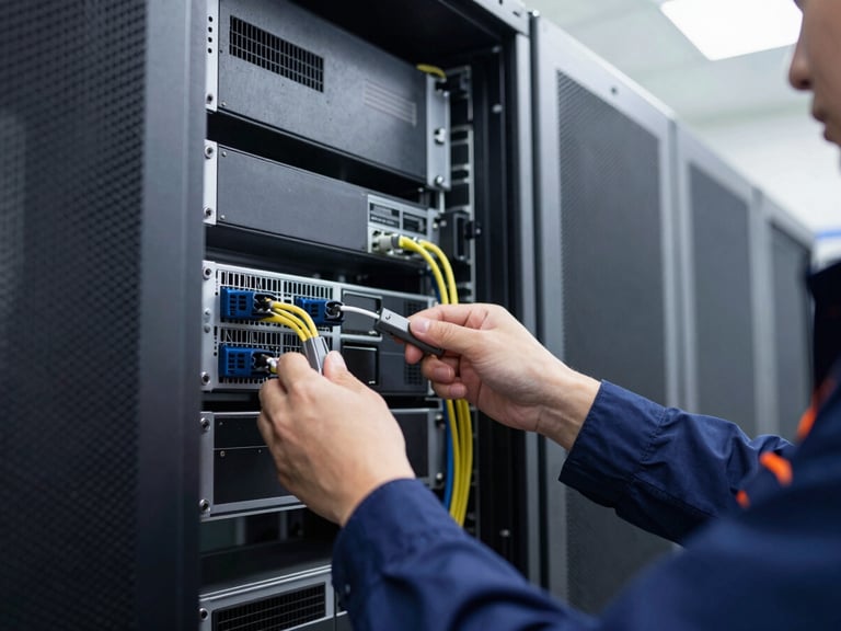 Technician in branded uniform working on a neat server rack, close-up of hands connecting cables, crisp fluorescent lighting.