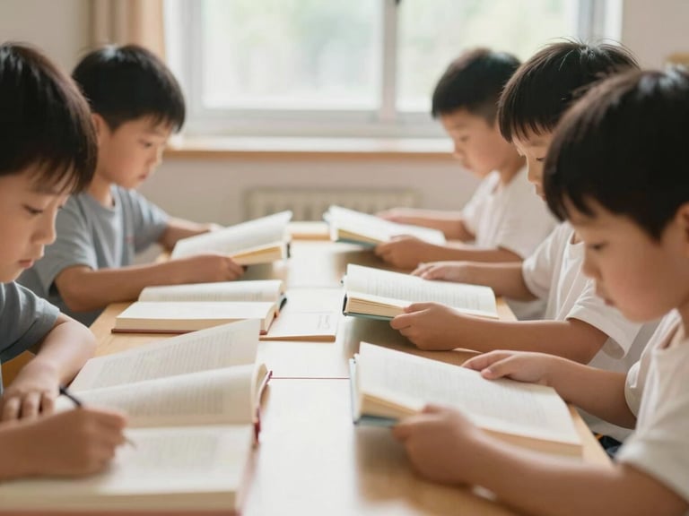 Children eagerly reading books in a simple learning hub, natural daylight streaming through a window, close-up of hands holding books, soft organic tones, authentic moment, shallow depth of field, 35mm.