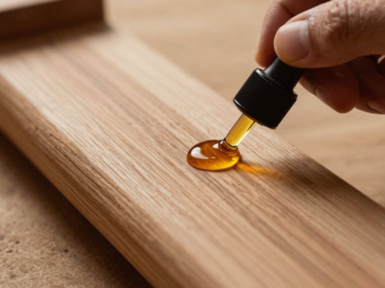 Extreme close-up of a craftsman's hands applying amber-toned natural oil to a highly detailed elm wood grain, low-angle warm side-lighting emphasizing the texture.