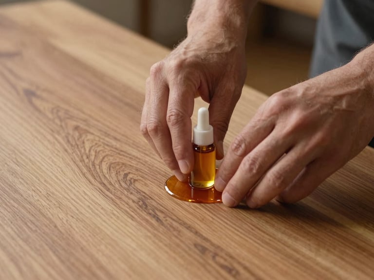 Hands of an artisan applying natural amber-toned oils to a finished elm tabletop, bringing out the rich, glowing grain patterns under soft side-lighting