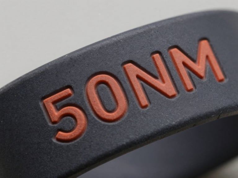 Extreme macro close-up of custom embossed rubber wristband with sharp terracotta lettering on a dark charcoal textured surface, soft side lighting highlighting the physical depth.