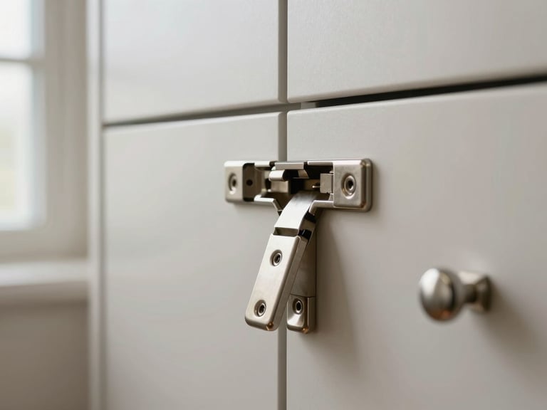 Close-up of a cabinet door hinge and drawer pull in brushed nickel, consistent reveal gap visible, natural side-window light, no styling