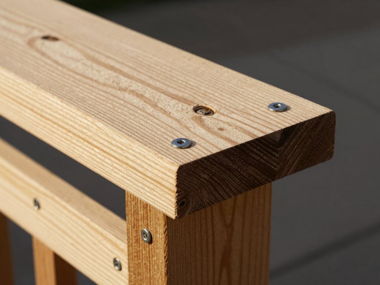 Close-up of hardwood deck board ends and railing post base in afternoon sun — fastener heads flush with the surface, tight board spacing, grain direction clear, no people, no props