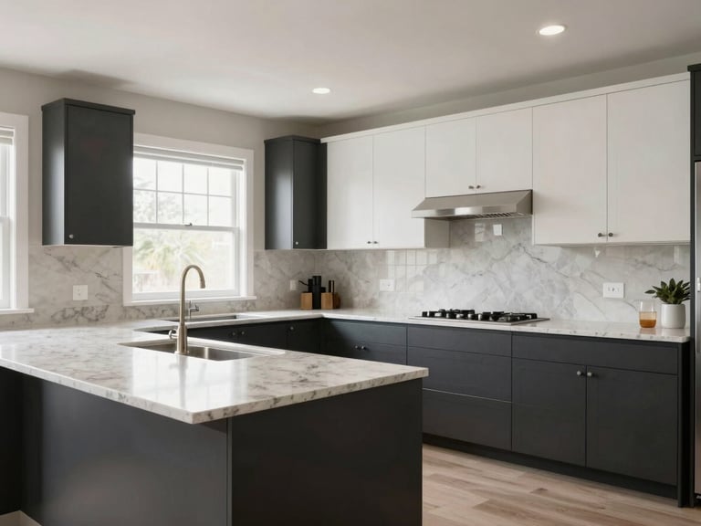 Wide establishing shot of a completed kitchen, dark lower cabinets and white uppers, quartz countertop with a waterfall edge visible at left, ambient midday window light filling the space, no people, no decor