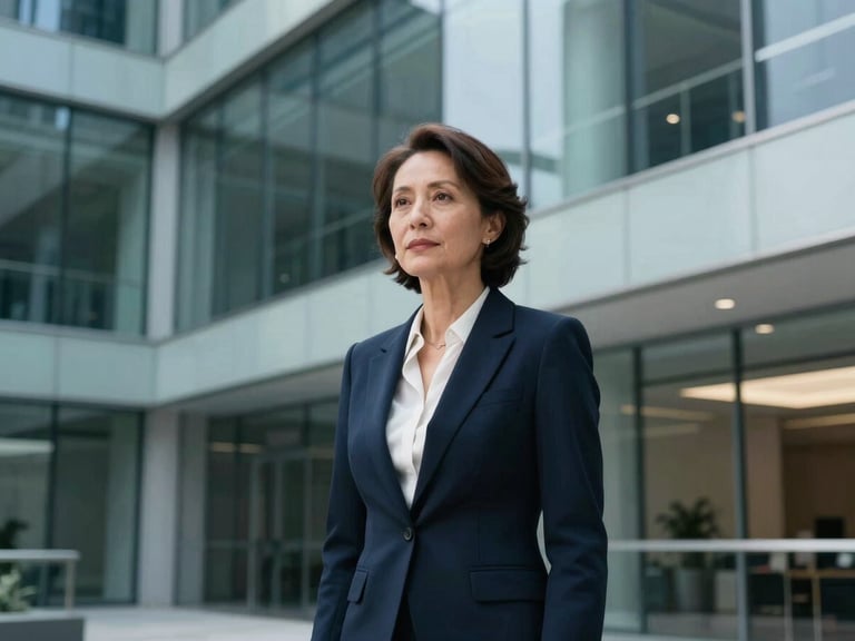 Retrato corporativo de una abogada, de mediana edad, con expresión profesional y atenta, en un entorno de oficina moderno con luz natural y arquitectura limpia, tonos fríos.