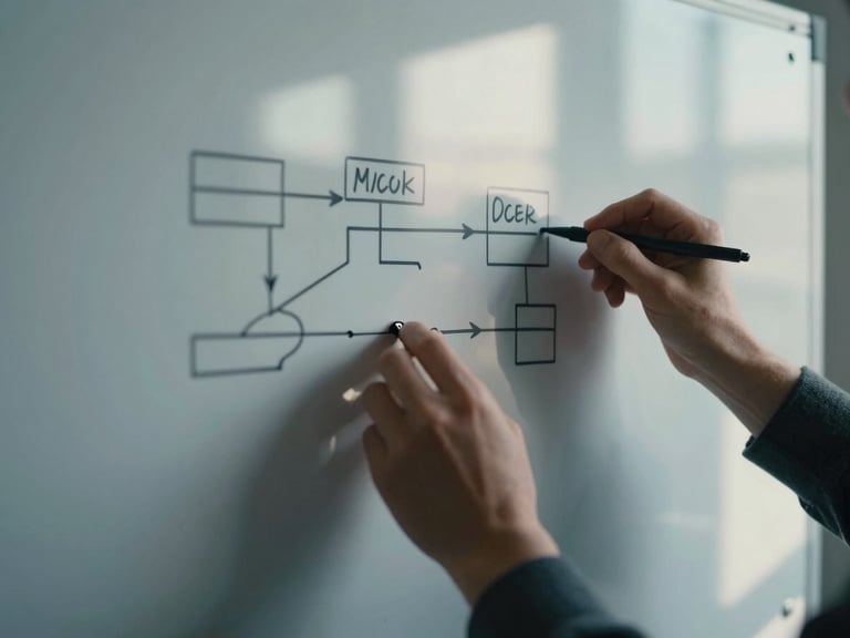 Close-up of hands mapping out workflows on a physical whiteboard, with sharp shadows and cool morning light, desaturated slate and blue tones, architectural framing.