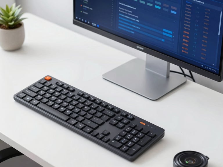 Overhead clean desk layout with a modern digital dashboard on a screen, overcast daylight, sharp focus, 35mm lens
